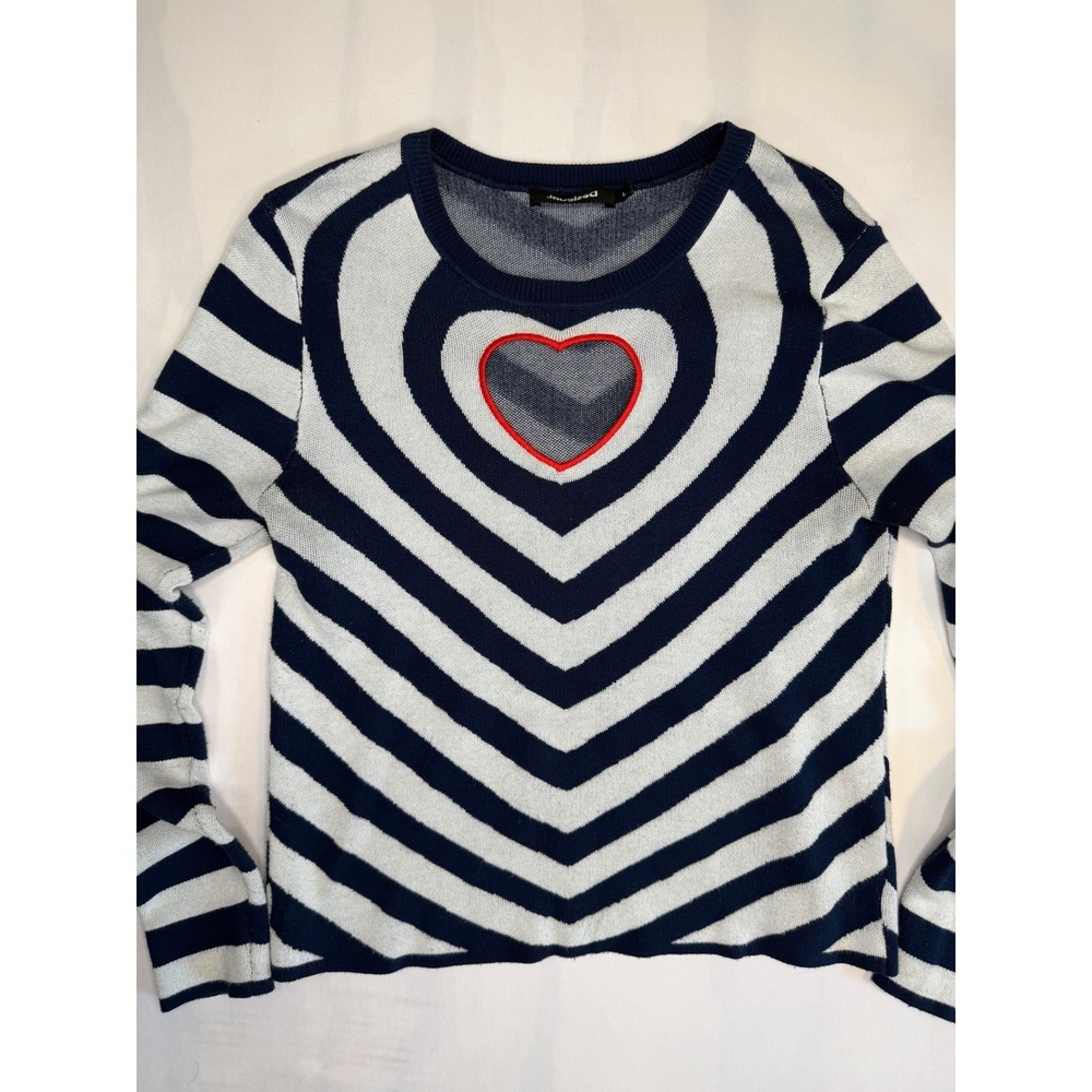 Desigual Navy Blue White Striped Heart Cutout Long Sleeve Sweater Large - Picture 5 of 10